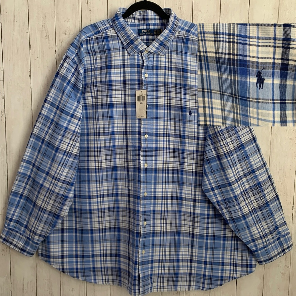 Polo Ralph Lauren Men’s 4XB Classic Blue Multi Plaid Oxford Shirt 100% Cotton